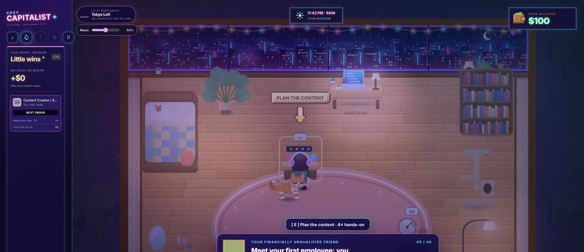 The CozyCapitalist bedroom headquarters at night: a rain-lit neon skyline outside the window, a bed, plants, a bookshelf, a cat and numbered workstations on a pink rug