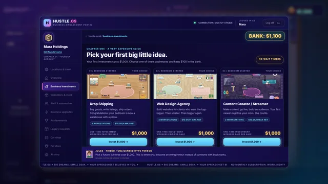 The HUSTLE.OS business portal showing three starter businesses: Drop Shipping, Web Design Agency and Content Creator / Streamer, each costing $1,000