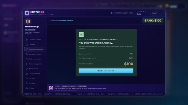 The investment confirmed screen: you own your first business with $100 left in the bank