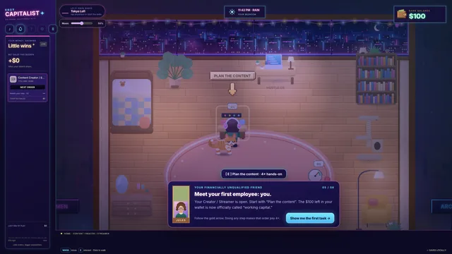 The content creator headquarters: a purple neon room with a skyline window, a cat and a gold arrow marking the first task