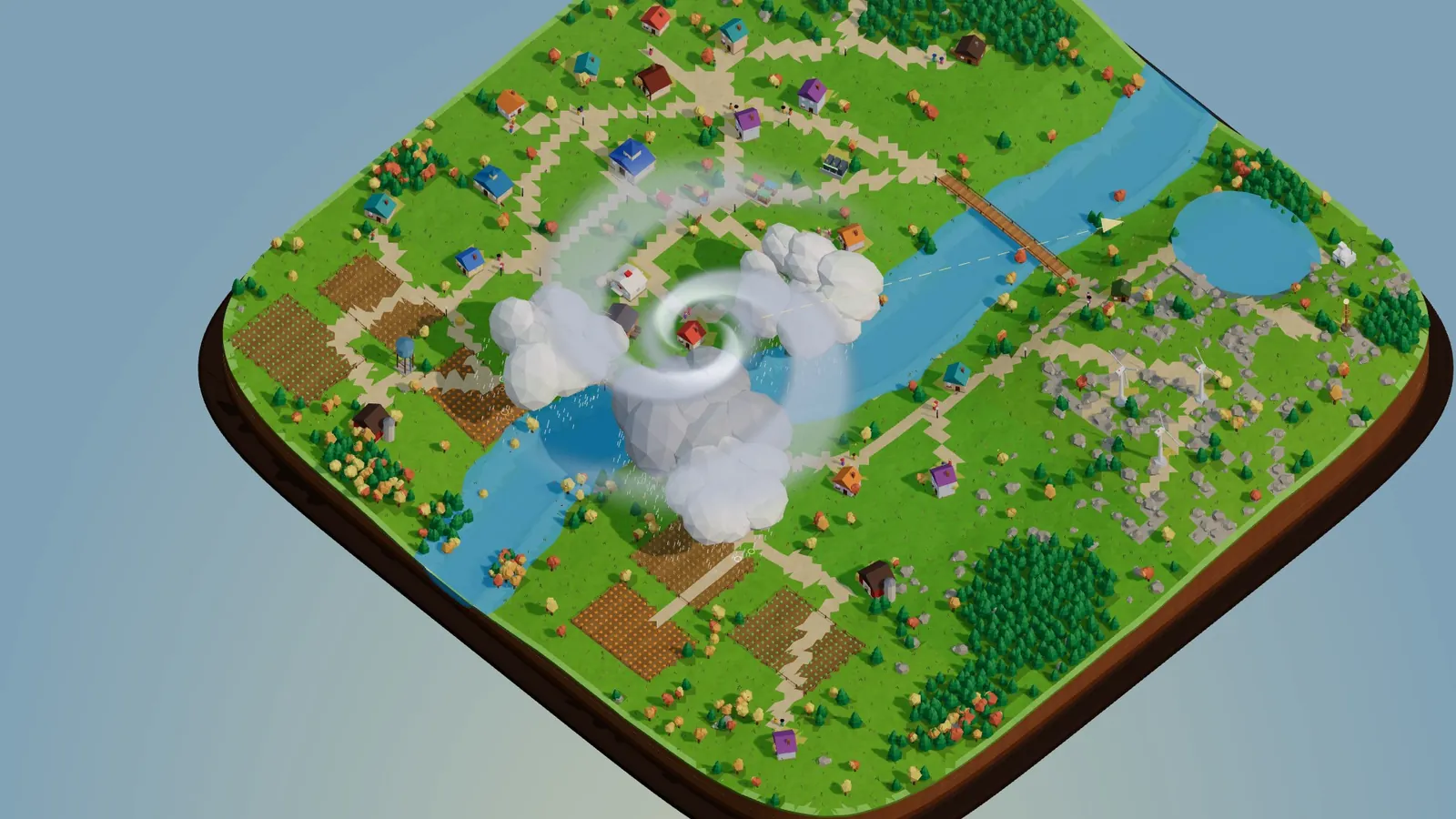 Forecast: Catastrophe in-engine screenshot: a tropical storm spirals over the valley
