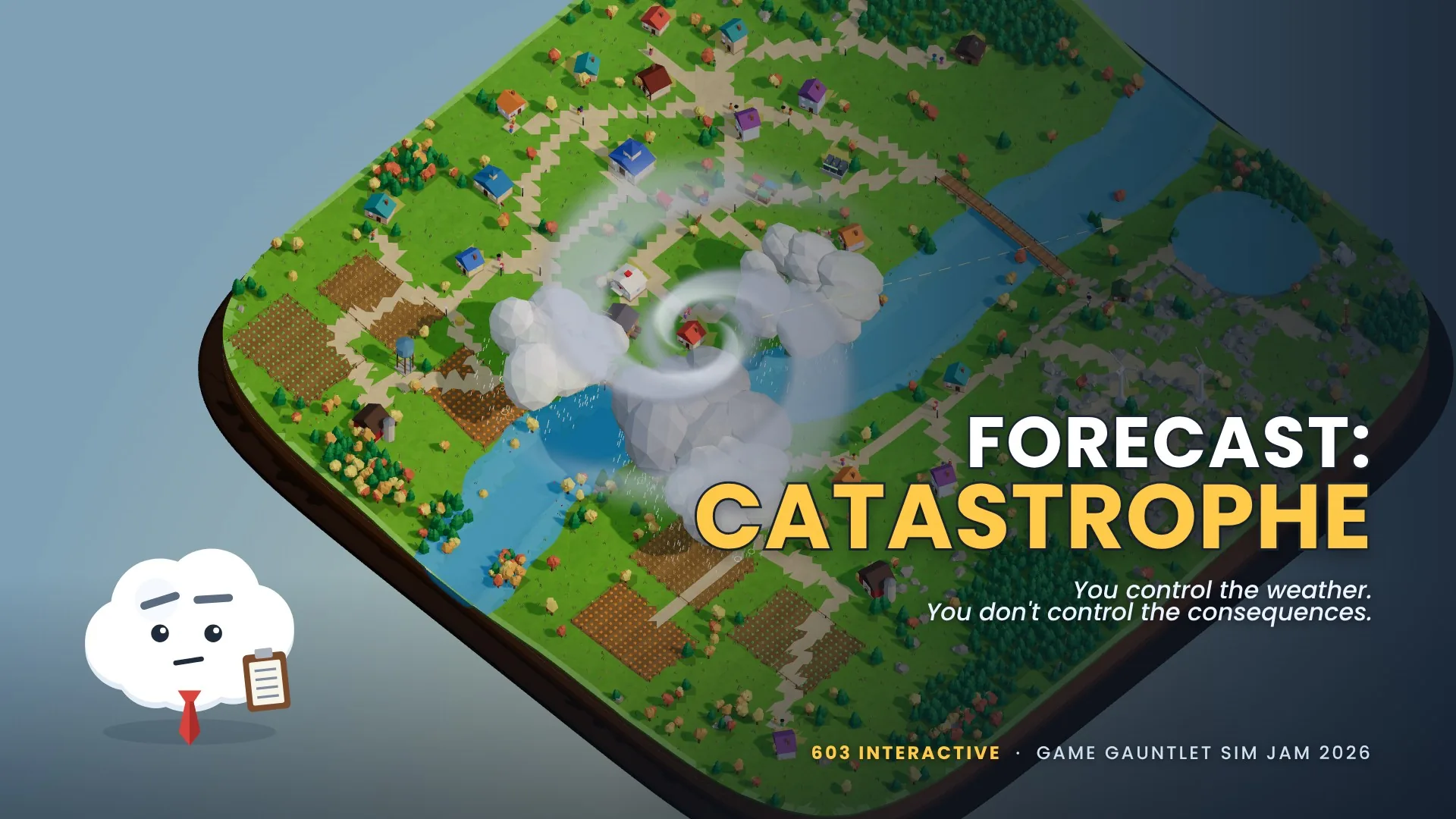 Forecast: Catastrophe key art: a tropical storm spirals over the valley's river, farms and village while Nimbus the cloud watches with his clipboard