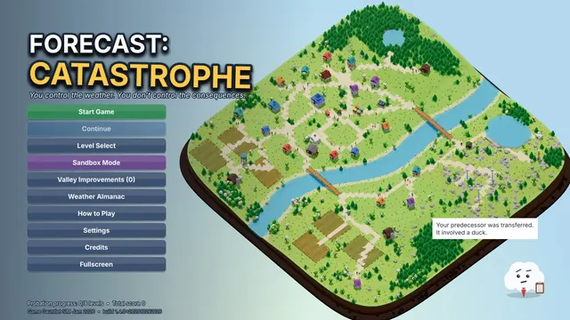 Forecast: Catastrophe title screen with the menu beside the valley diorama and Nimbus in the corner