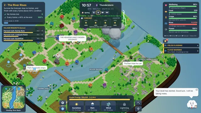 Gameplay with the full HUD in level 2, The River Rises: a thunderstorm over the river with village stats, alerts and the weather controls
