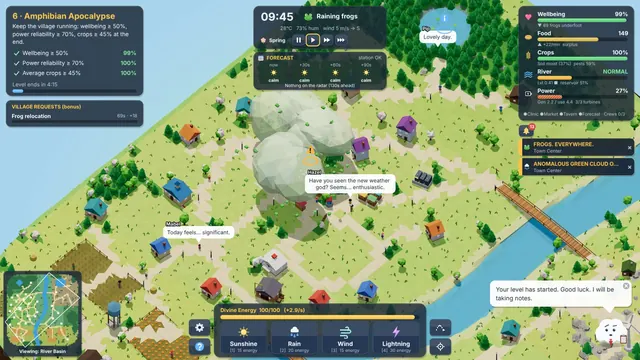 Gameplay with the full HUD in level 6, Amphibian Apocalypse, as frogs rain on the village