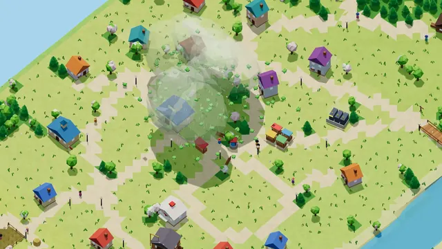 A green frog cloud drifting over the village rooftops