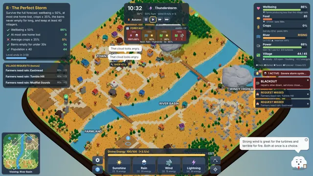 Gameplay with the full HUD in level 8, The Perfect Storm, with drought-yellow farmland and warnings