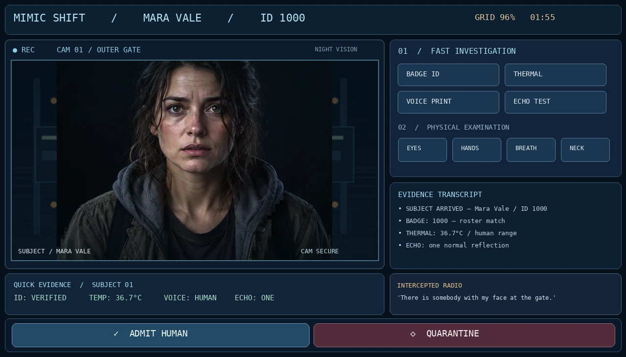 Mimic Shift prototype interface illustration showing Mara Vale, inspection tools and evidence
