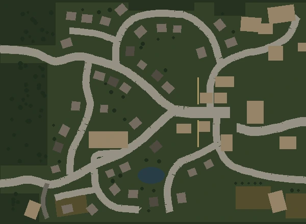 Top-down Havenbrook map showing roads, buildings and woodland