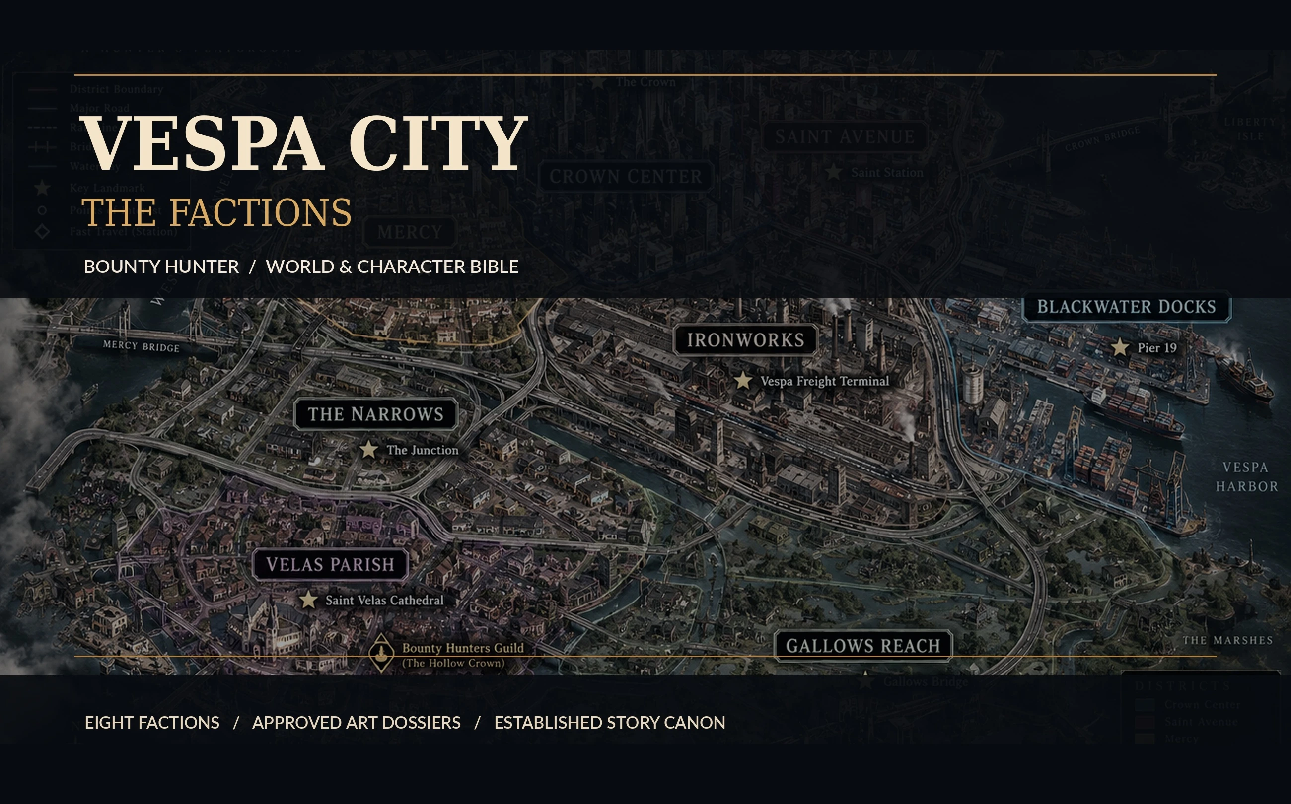 Approved Vespa City illustrated faction-booklet cover showing a gritty noir city map and district labels