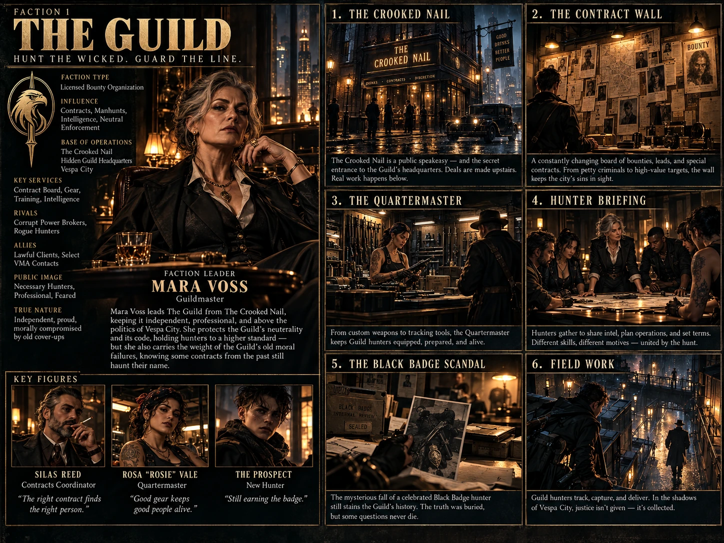 Approved The Guild faction dossier concept art from the finished Vespa City booklet; illustrated labels may differ from canonical prose.