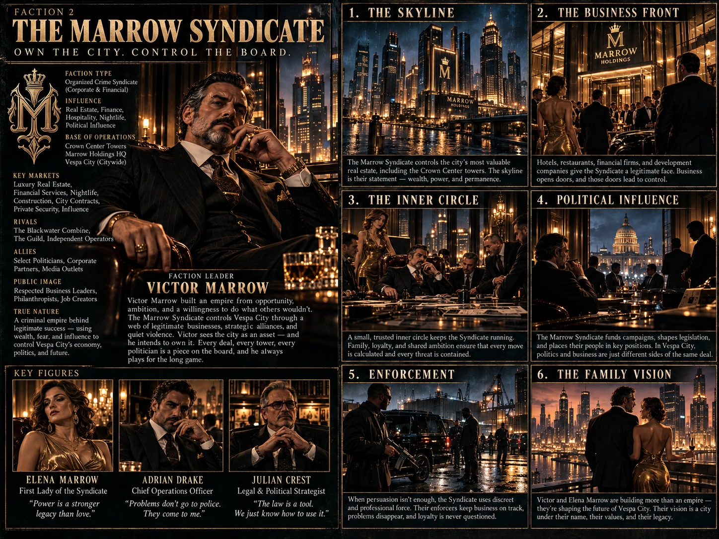 Approved The Marrow Syndicate faction dossier concept art from the finished Vespa City booklet; illustrated labels may differ from canonical prose.