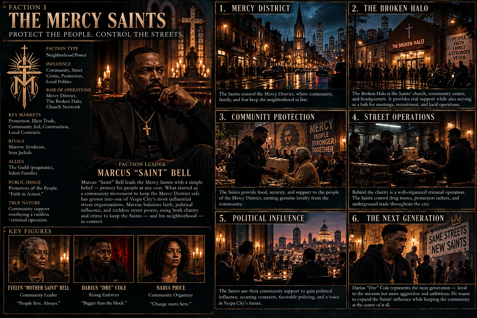 Approved The Mercy Saints faction dossier concept art from the finished Vespa City booklet; illustrated labels may differ from canonical prose.