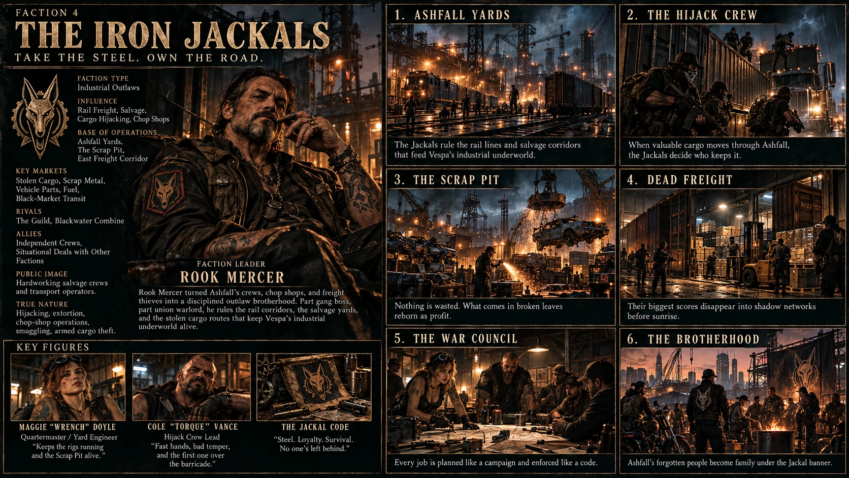 Approved The Iron Jackals faction dossier concept art from the finished Vespa City booklet; illustrated labels may differ from canonical prose.