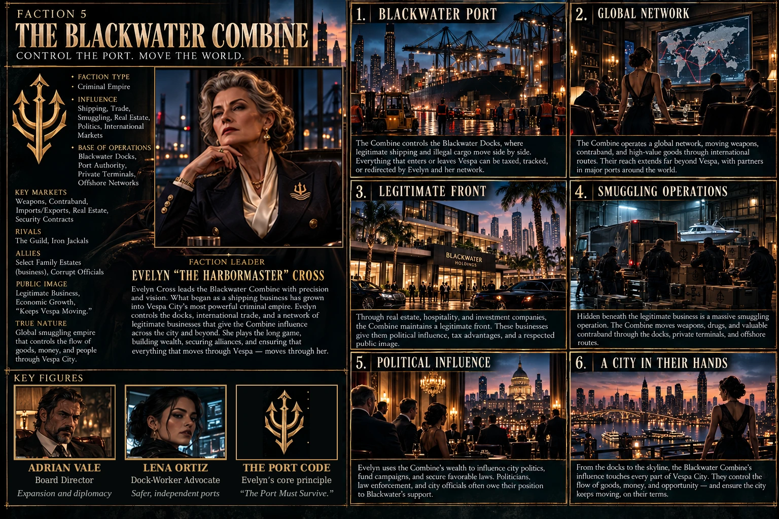 Approved The Blackwater Combine faction dossier concept art from the finished Vespa City booklet; illustrated labels may differ from canonical prose.