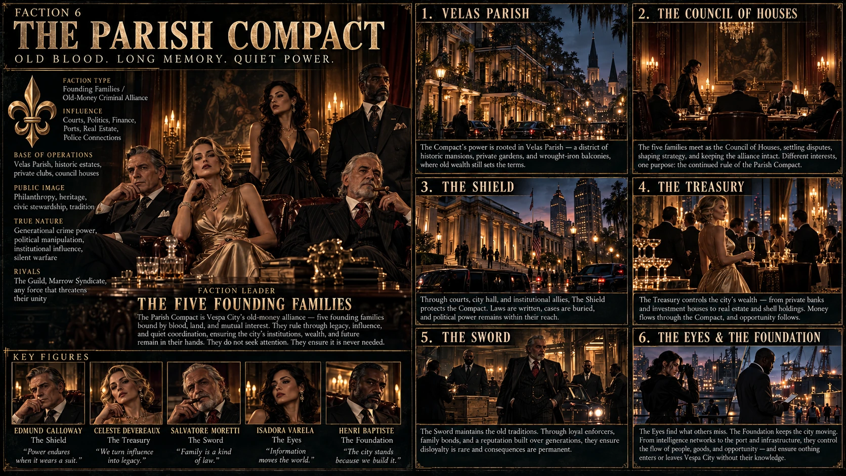 Approved The Parish Compact faction dossier concept art from the finished Vespa City booklet; illustrated labels may differ from canonical prose.