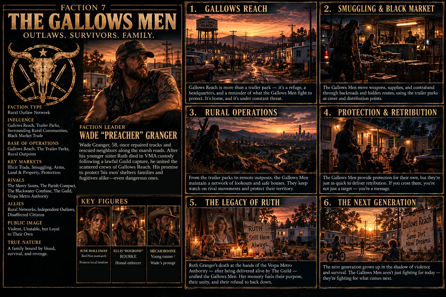 Approved The Gallows Men faction dossier concept art from the finished Vespa City booklet; illustrated labels may differ from canonical prose.