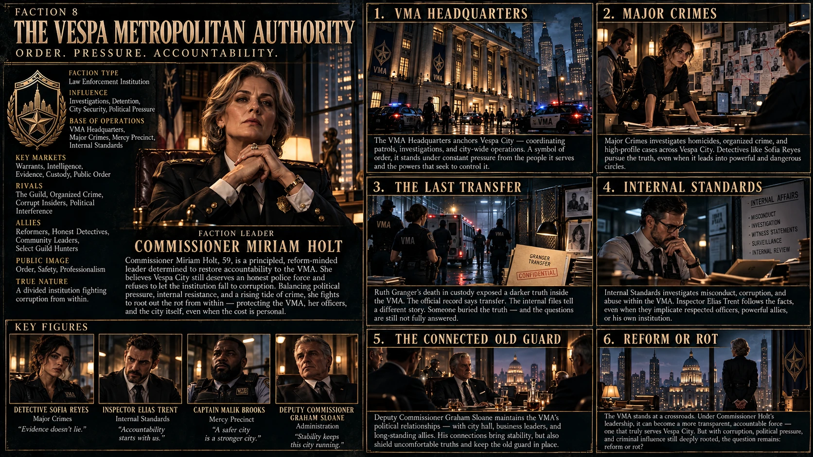 Approved Vespa Metropolitan Authority faction dossier concept art from the finished Vespa City booklet; illustrated labels may differ from canonical prose.