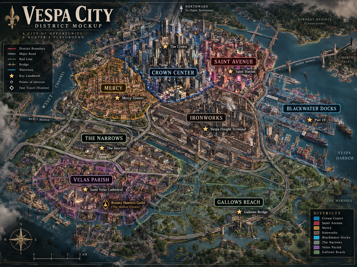 Approved Vespa City district map with Crown Center, Mercy, Ironworks, Blackwater Docks, Velas Parish and Gallows Reach